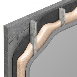 Cross-section of a wall showing insulation between framing studs and the edge of a bathtub/shower enclosure.